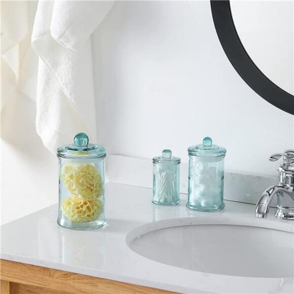 Glass Apothecary Jar | Bathroom Storage Organizer Canister (Set of 3, Blue) - Picture 1 of 6